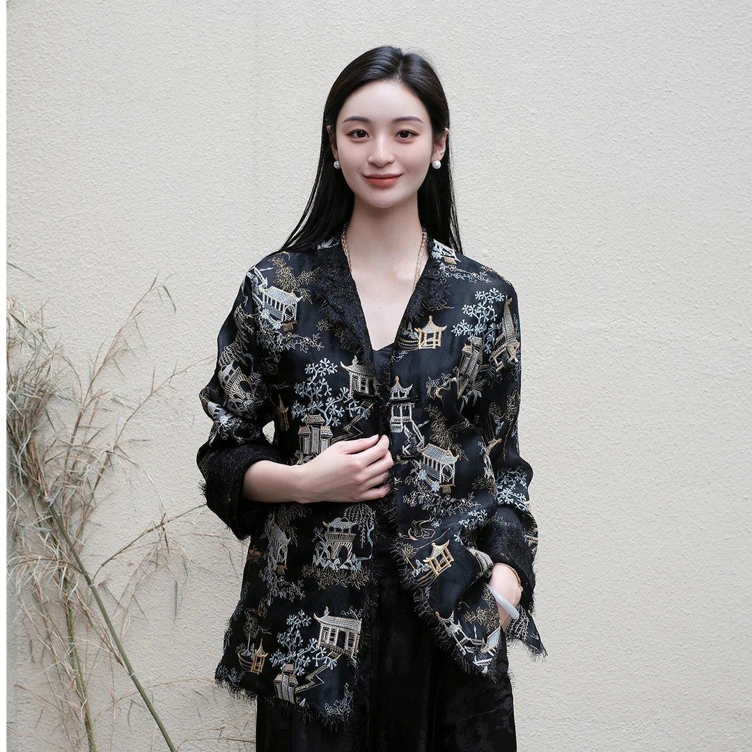 盛唐牡丹黑色真丝绡如意湖亭外套（不支持七天无理由）