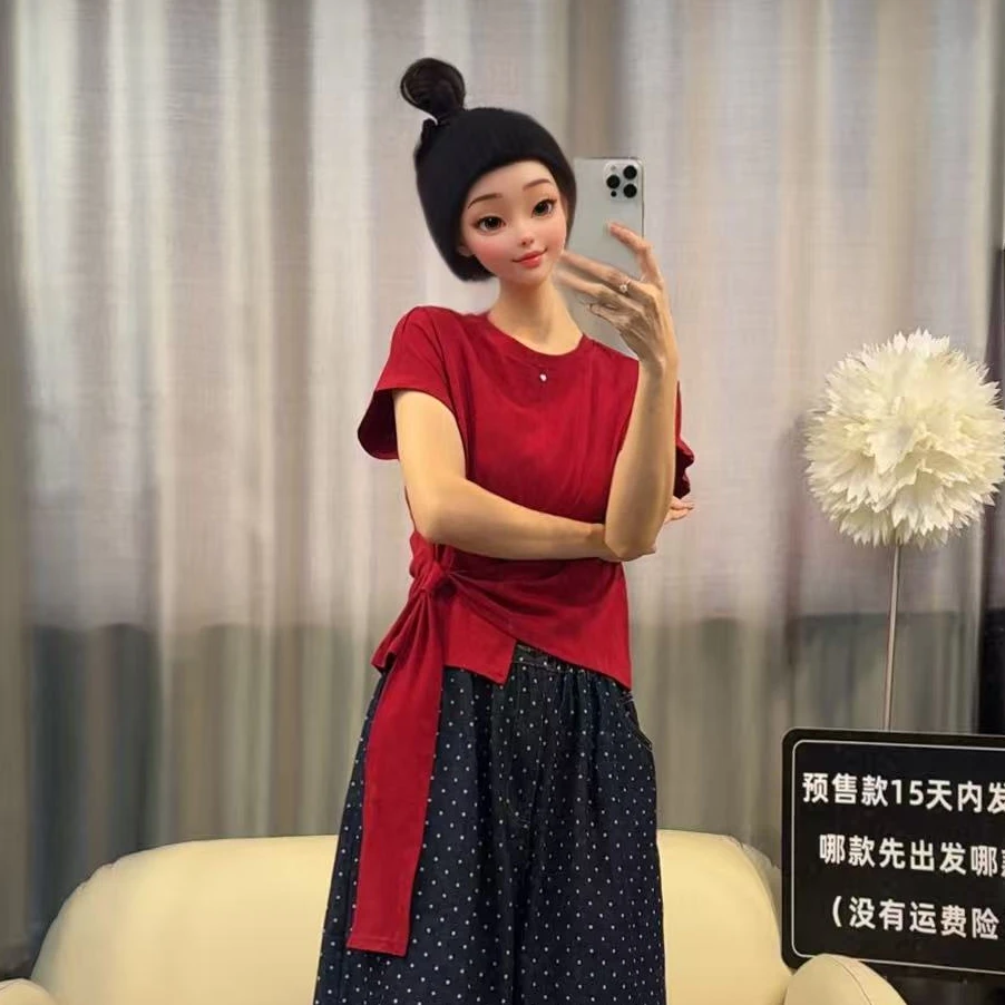 【文乐乐】夏季新款高级气质显瘦时尚休闲潮流百搭底抽绳T恤9640