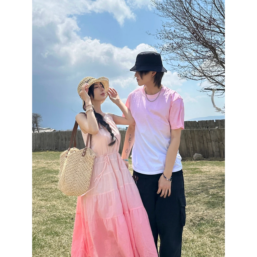 情侣装渐变色挂脖公主连衣裙度假旅游风长裙2025夏季无袖裙男T恤