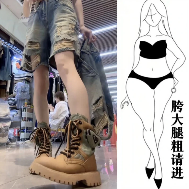 格洛森夏季新款高腰弹力牛仔短裤女设计感时尚显瘦破洞直筒五分裤