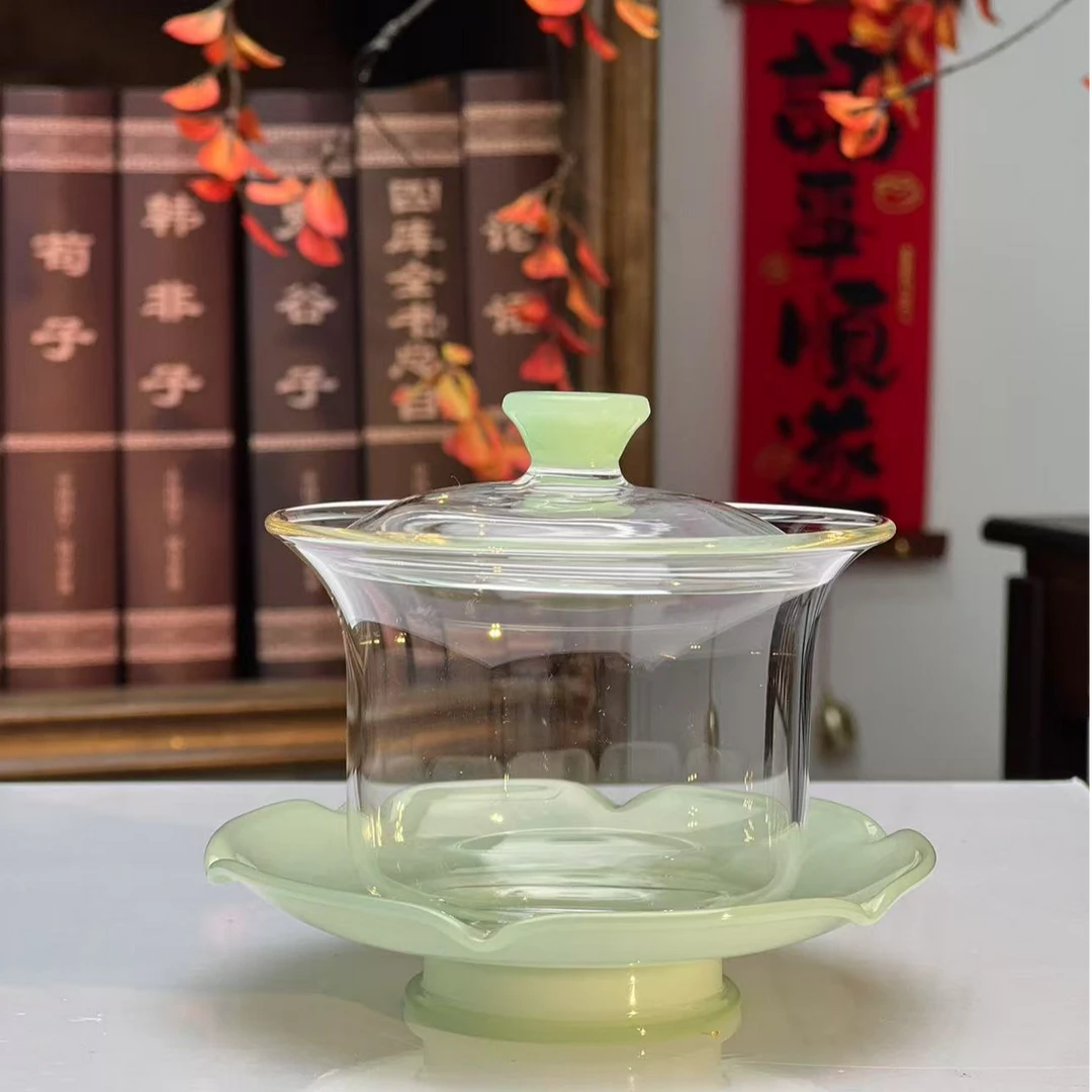 金标隔热防烫手玉莲盖碗耐热高硼硅玻璃茶楼茶馆茶艺师手工高档