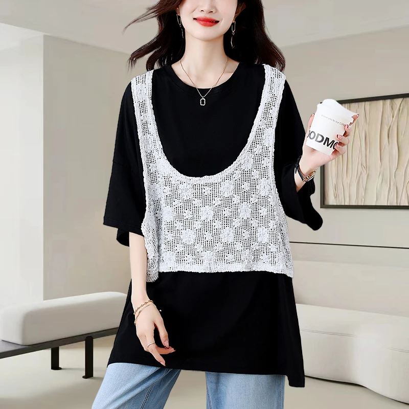 假两件黑色短袖t恤女夏季2025新款时尚大码宽松显瘦休闲百搭上衣