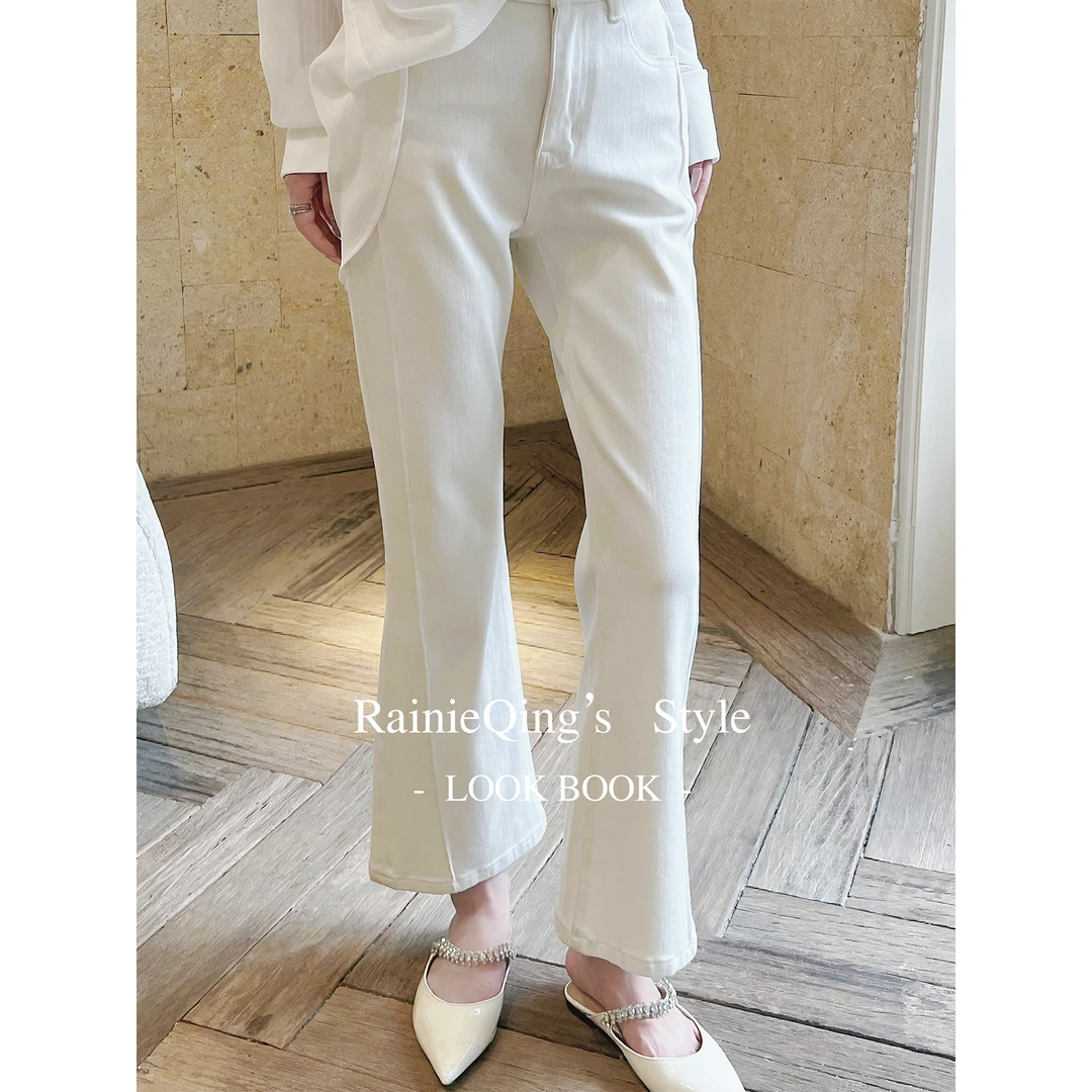 RainieQing【私服腿精裤】现货小个子九分微喇百搭弹力白色牛仔裤