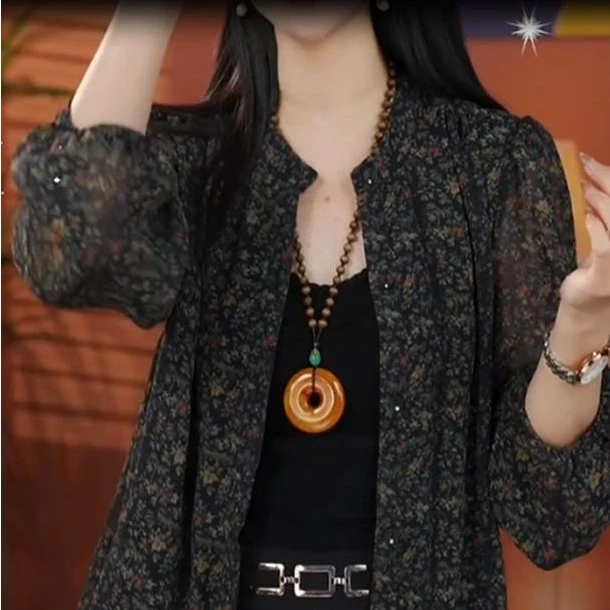 2025夏季衬衫显瘦开衫设计感休闲宽松遮肉长袖上衣时尚雪纺衫W331