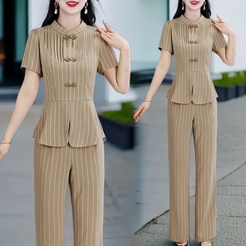 2025夏季新款时尚气质显瘦国风盘扣条纹短袖上衣微喇叭裤两件套装