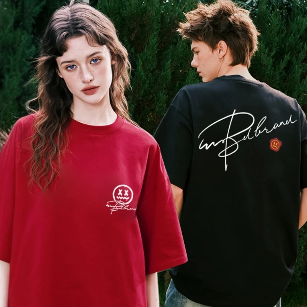 【升级款】小恶魔草写刺绣短袖男女同款夏季宽松透气纯棉情侣装t恤