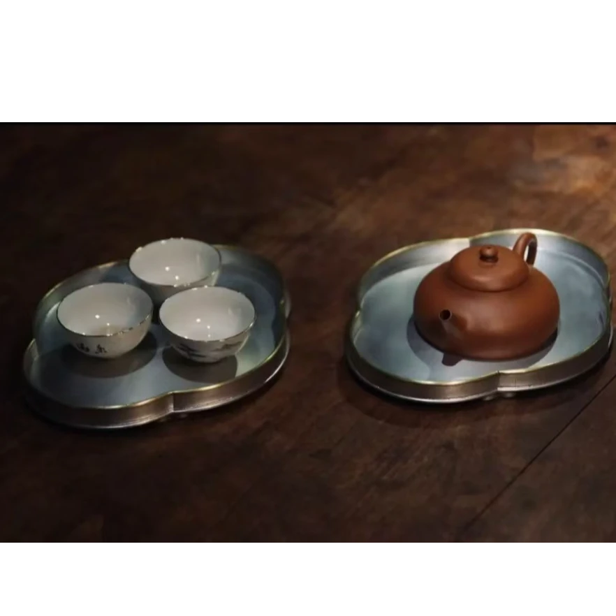 【云山茶语】纯锡海棠锡盘手工包铜边重276克长17宽4高2