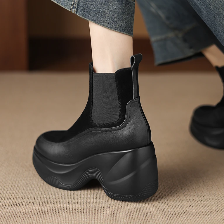 9cm小个子厚底舒适短靴圆头真皮切尔西靴防水台高跟显瘦粗跟女靴