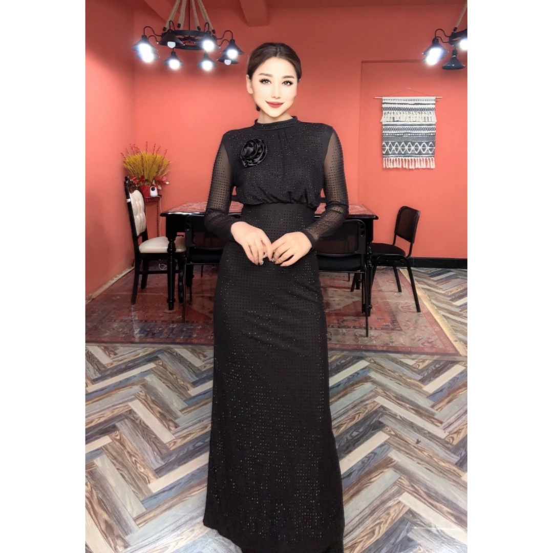 6856【古丽店铺】满钻高领气质时尚礼服女装连衣裙