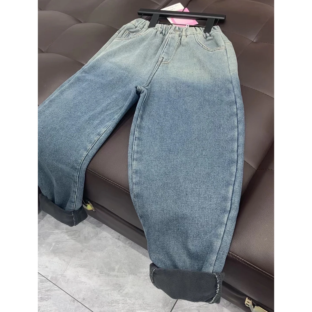 姐弟款渐变色加绒牛仔老爹裤9304