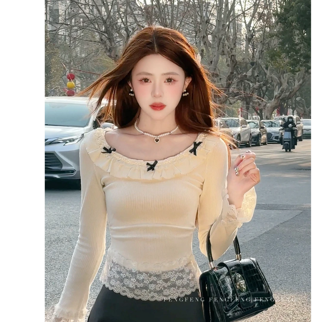 冯冯●上衣蕾丝打底衫女显瘦气质减龄长袖洋气百搭性感JJD4SY0091