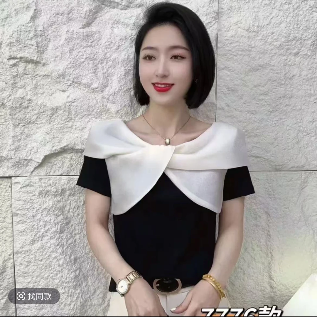 2025夏季新款时尚洋气交叉领短袖T恤短款上衣