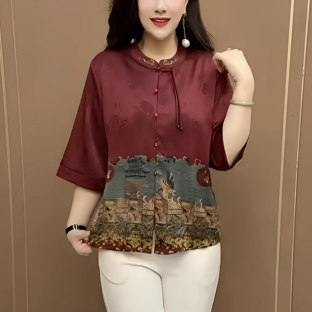 夏季国风缎面大码女装衬衫2025新款宽松休闲百搭减龄中老年妈妈装
