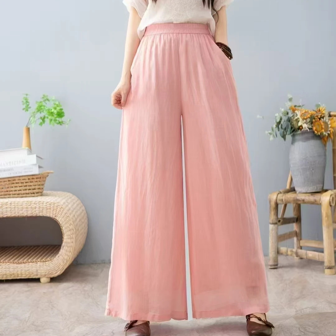 春夏新款100织纯苎麻中国风纯色品质大码宽松双层有内衬阔腿裤