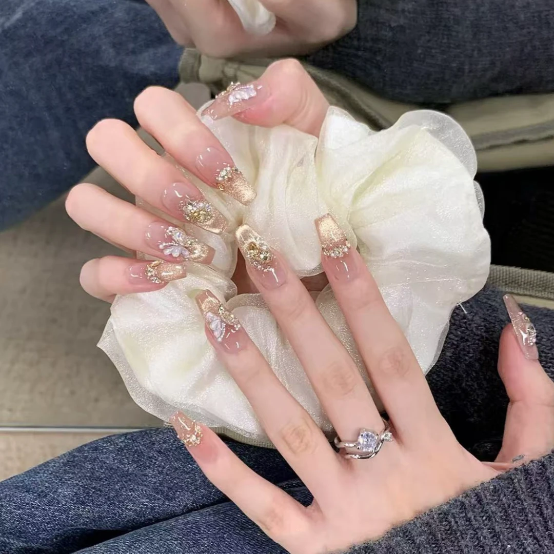 烫金蝴蝶 纯手工光疗穿戴甲贴果冻贴片高级碎钻感香槟轻奢美甲贴