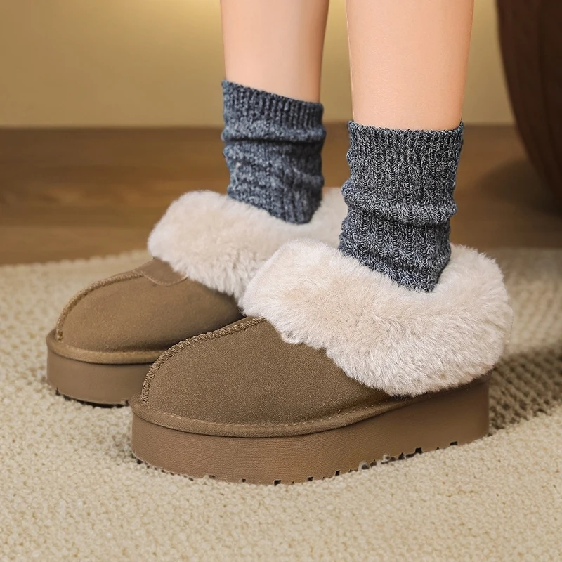 秋冬厚底短靴冬季时尚雪地靴真皮百搭保暖加厚增高羊毛加绒女棉鞋