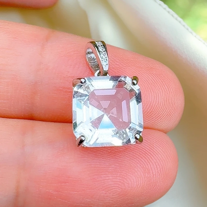 天然S925银方形白水晶锁骨链吊坠主石10毫米