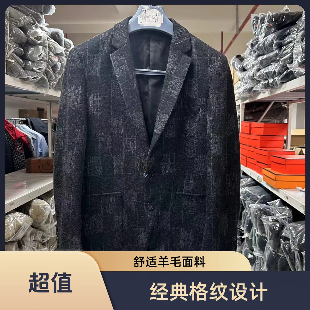 长袖平驳领格子春秋短款西服上装时尚秋冬格纹男款男士505