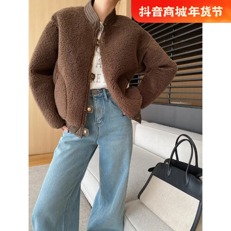 拼接设计感 仿羊羔毛保暖立领棒球服小个子毛毛外套女士秋冬百搭