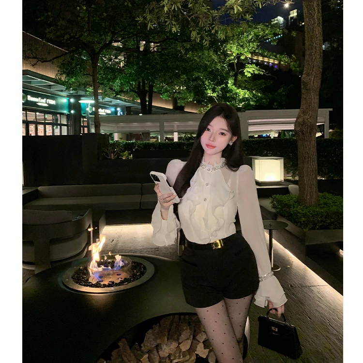 [思思studio]现镶钻衬衫女秋高级雪纺荷叶边上衣时尚套装SS-138