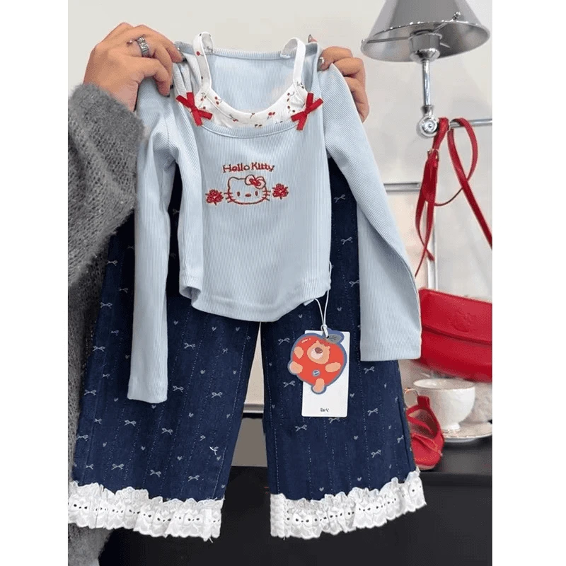 万达撤柜【断码】女童春秋新款套装洋气女宝宝蝴蝶结长袖上衣蕾丝边