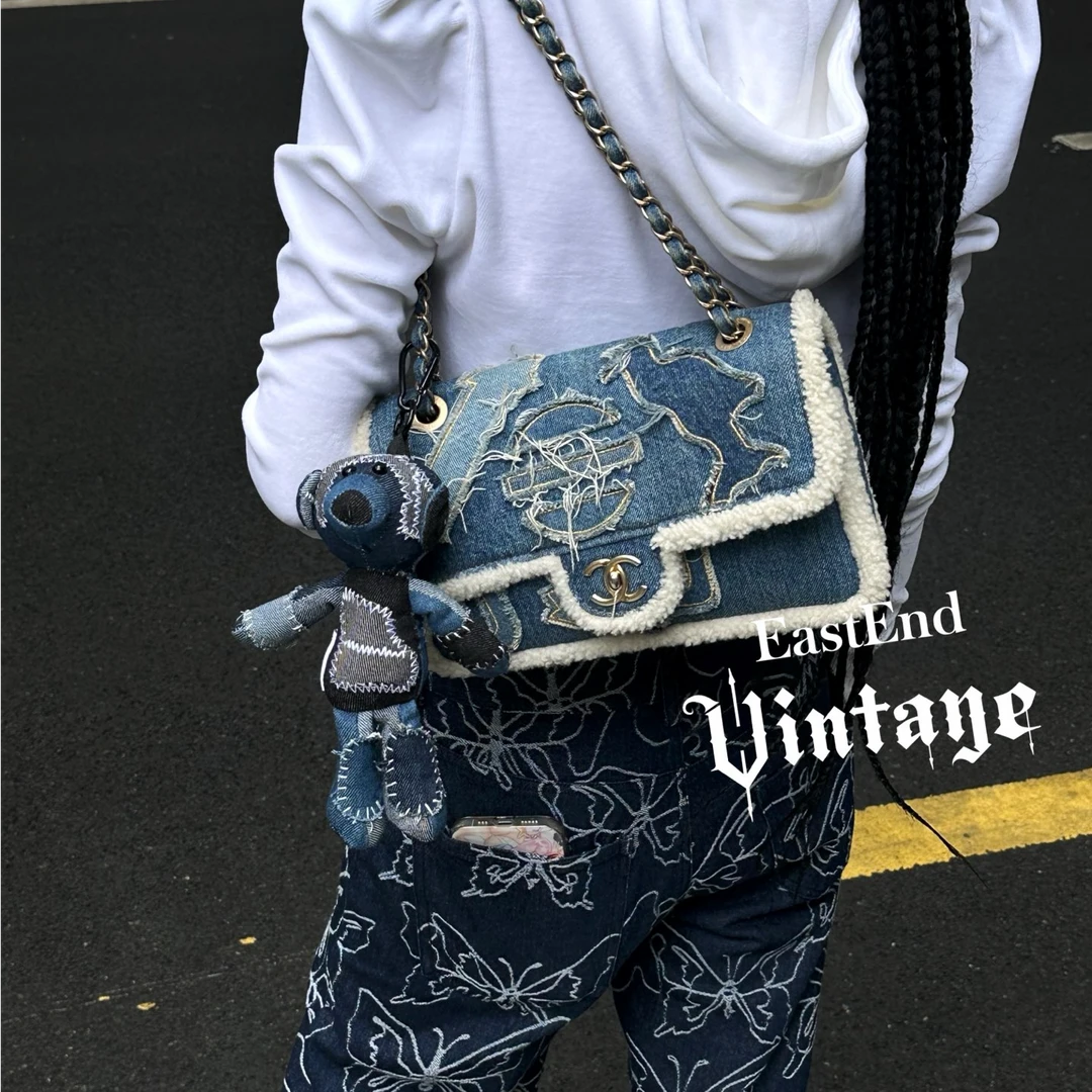 95新 Chanel/香奈儿 東区-丹宁拼羊羔毛CF中号单肩包28k/09709
