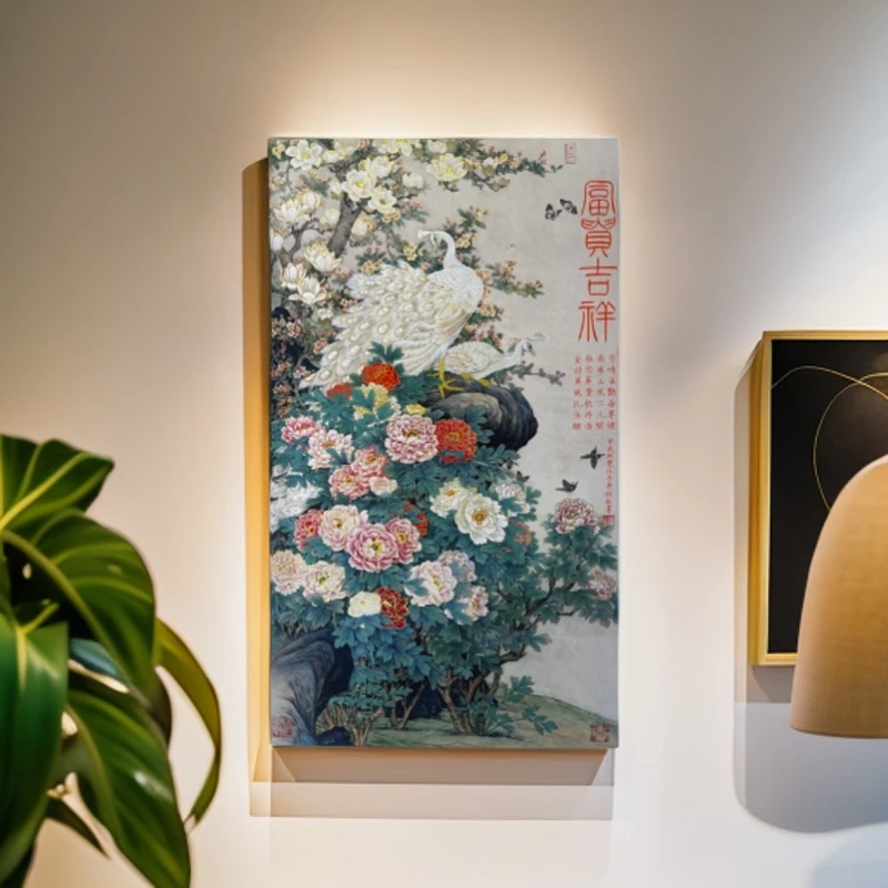 【宫彩手绘描金】牡丹孔雀图——胡墨-手绘国画