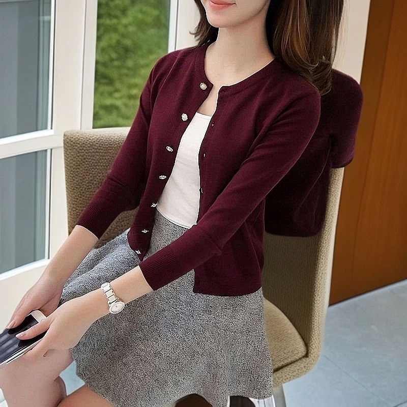 长袖纯色毛衣小外套女薄款春秋季圆领小香风修身显瘦短款百搭女士