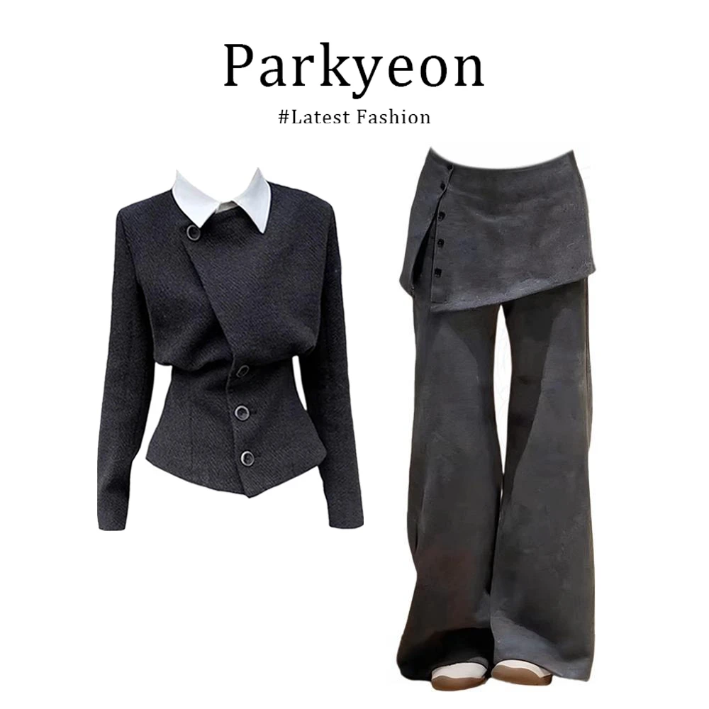 INS CEC高级感气质短款毛呢外套假两件休闲裤时尚冬季两件套女