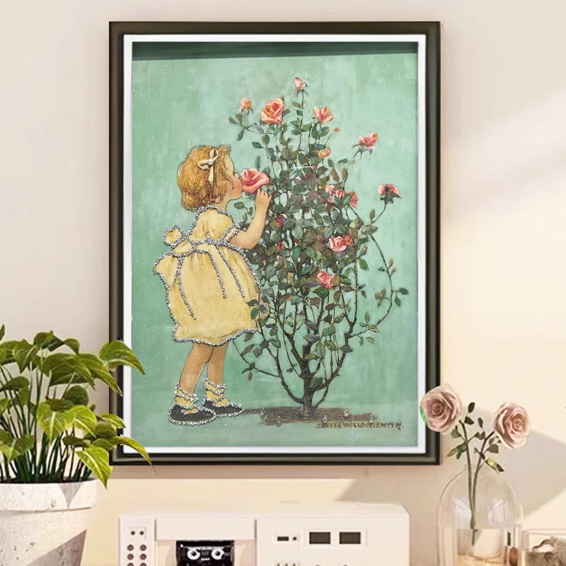 Q170蔷薇女孩时尚餐厅客轻奢挂画钢化玻璃装裱实物鎏金画装饰画