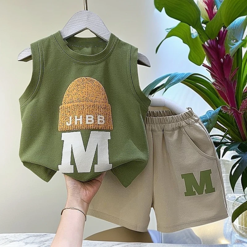 爆款2025款儿童背心套装宝宝无袖短裤两件套草绿色童装韩版潮童