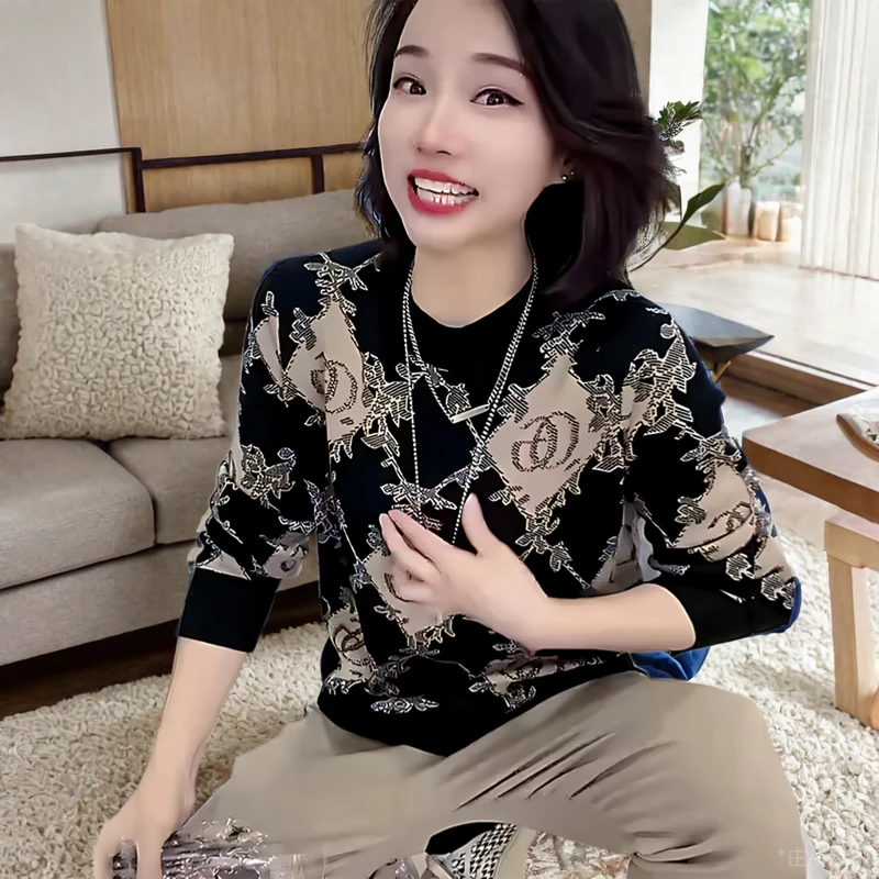 春秋冬加绒保暖欧货重工卫衣衫工艺圆领花色上衣女时尚宽松打底衫