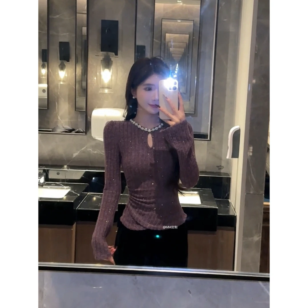【姐姐有约】2024新款冬季法式小香风重工水钻领镂空针织上衣A355
