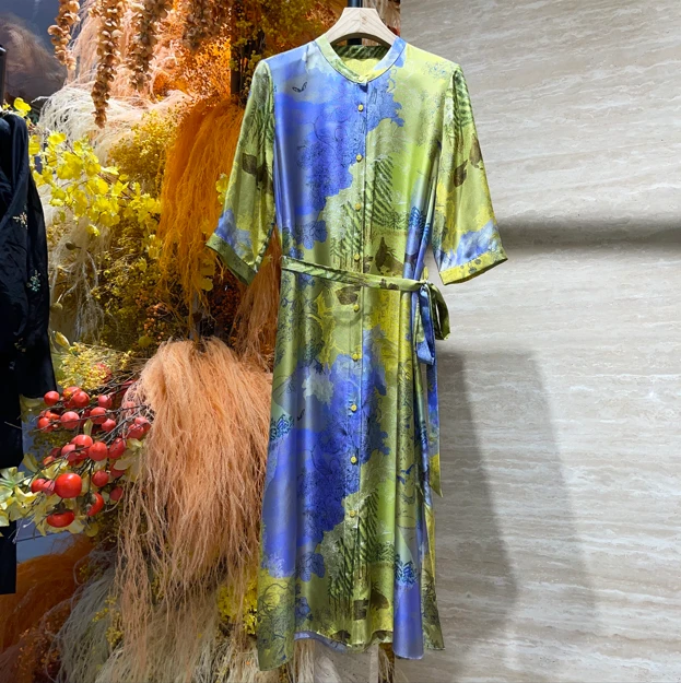 重磅真丝印花直筒时尚长袖连衣裙女L135