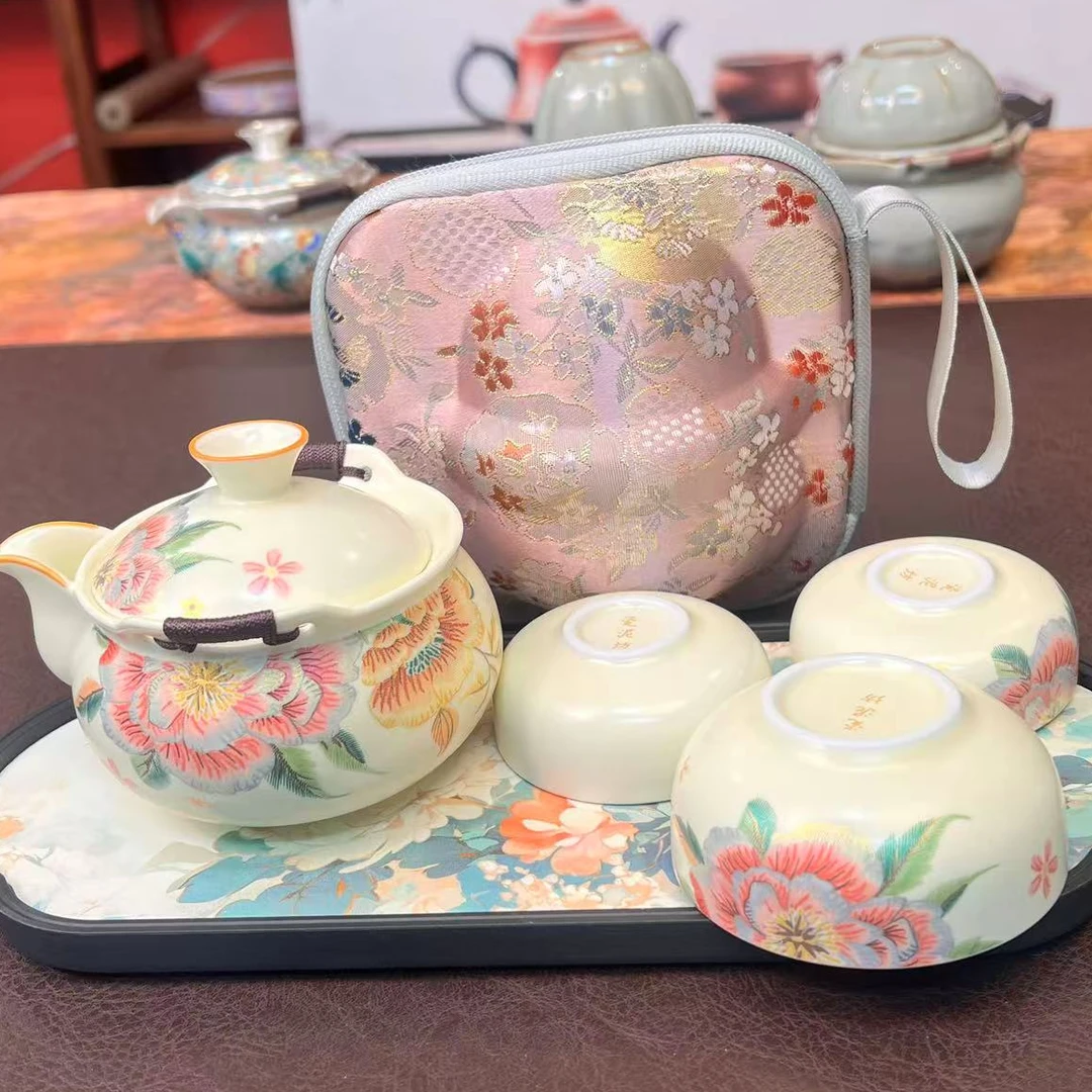 精美刺绣牡丹陶瓷旅行茶具一壶三杯茶盘刺绣花手抓壶-KZH0119