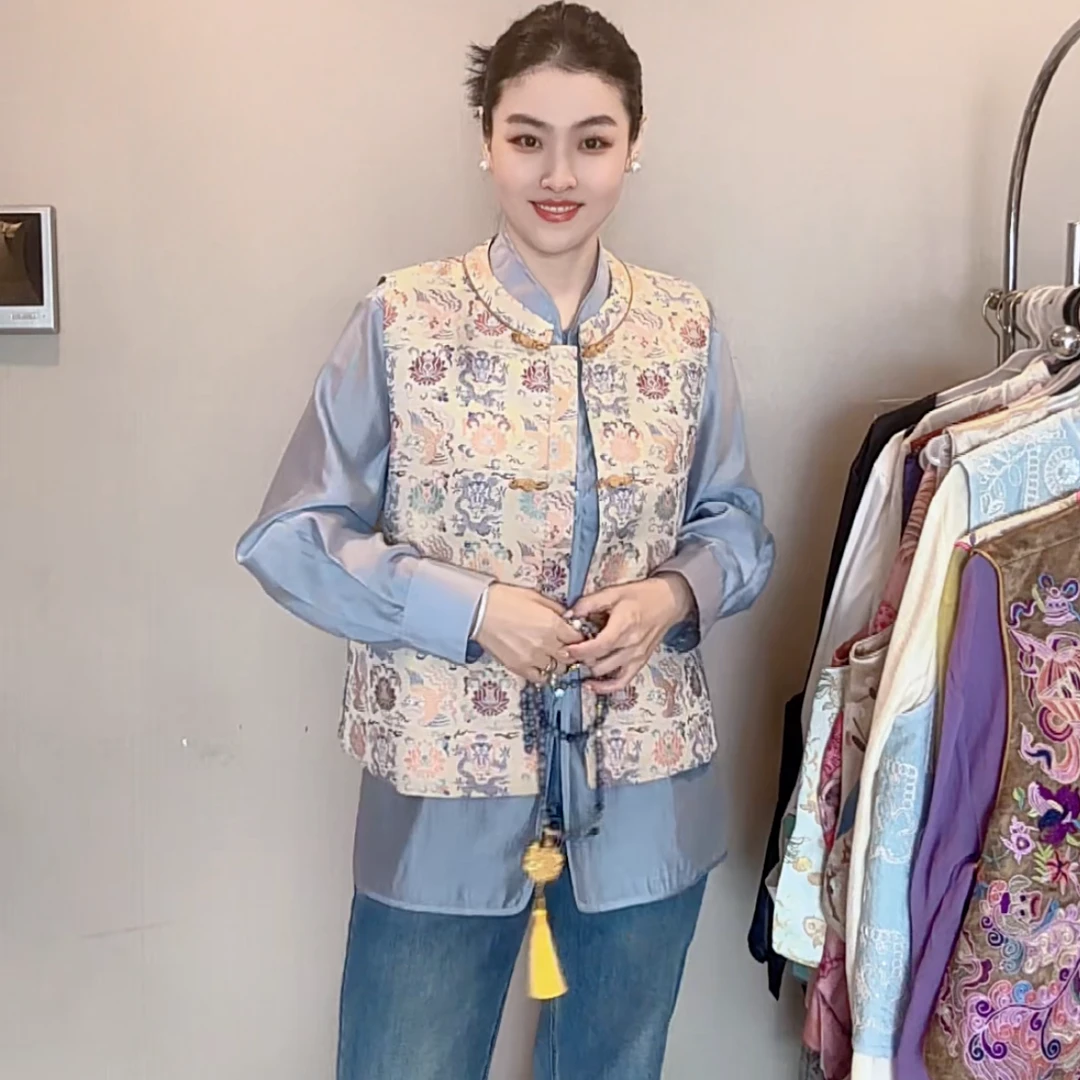 3071｛龙凤穿莲｝新中式织锦工艺百搭时尚宽松国风手工盘扣马甲