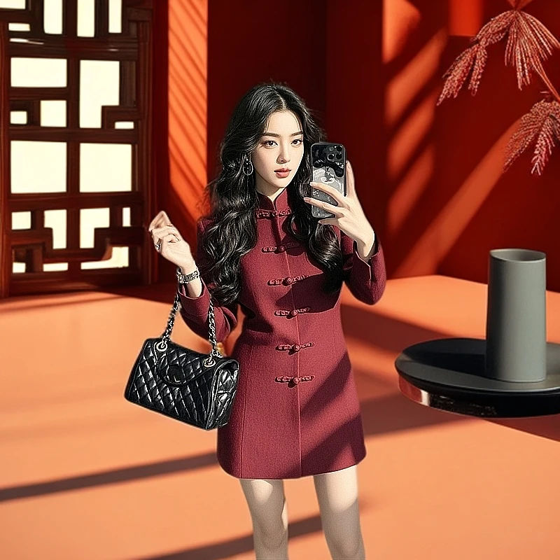 新年战袍中式国风立领盘扣连衣裙女春季新款复古时尚修身收腰短裙