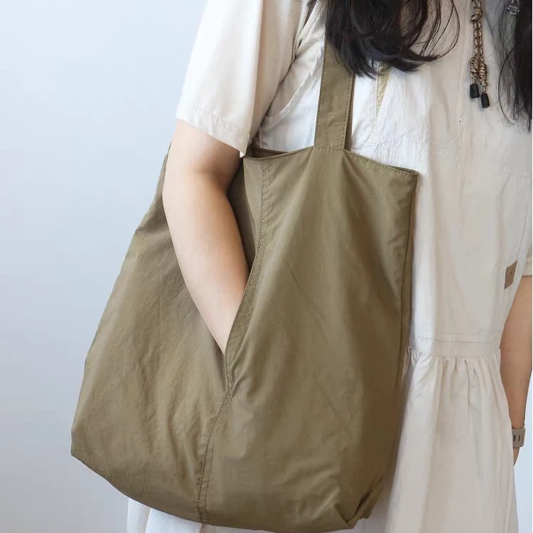 日系复古防水轻便购物袋尼龙布大容量单肩托特包多口袋通勤腋下包