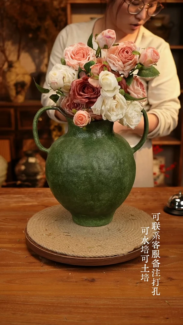 陶瓷291绿色双耳大肚瓶可水培可土培