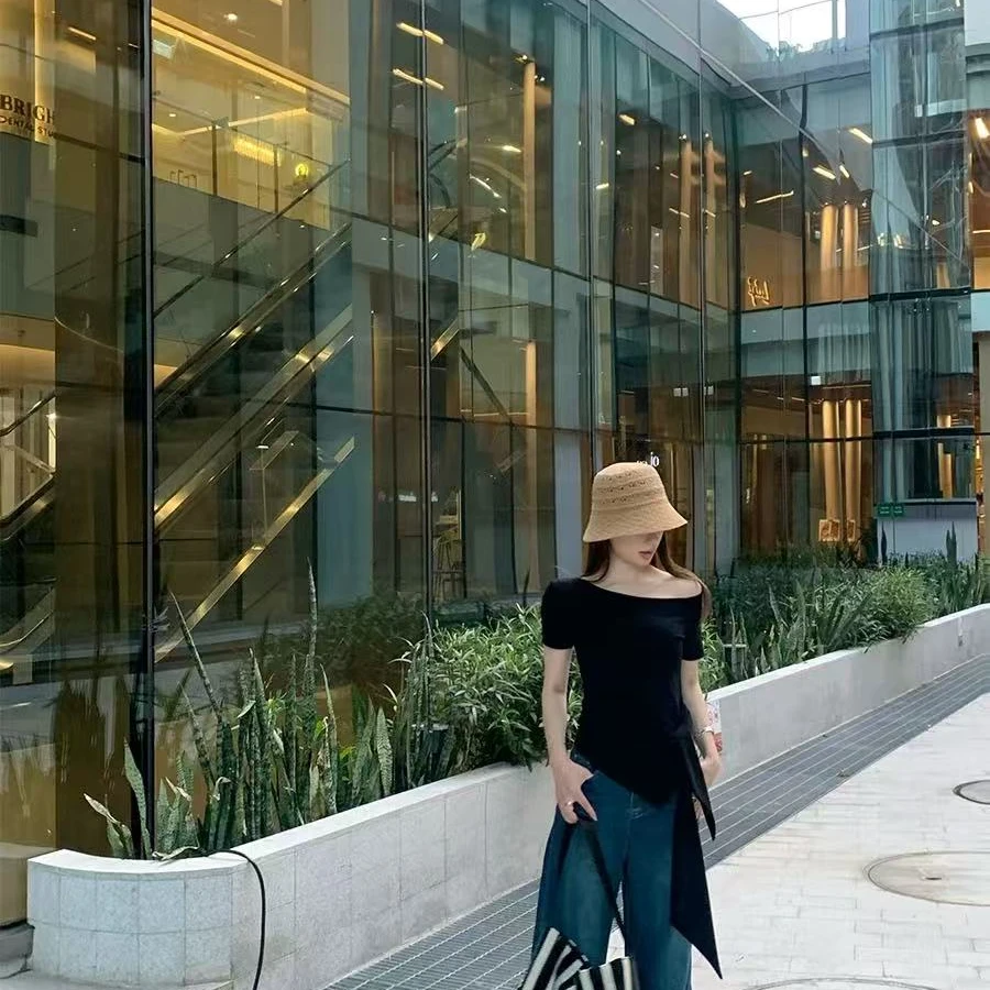 25813淡颜懒人T 绑带气质露肩短袖T