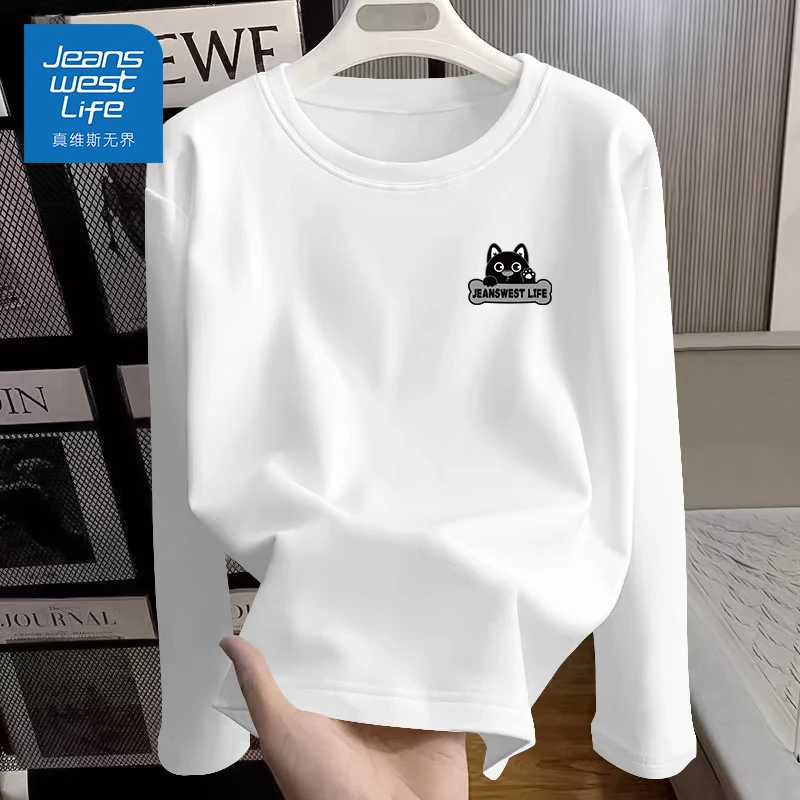 真维斯无界200g纯棉长袖T恤女白色可爱猫头印花简约时尚松弛上衣t
