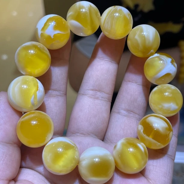 17mm金瓷溶洞蜜蜡妖花圆珠手串女款时尚百搭复古简约黄色单圈百搭