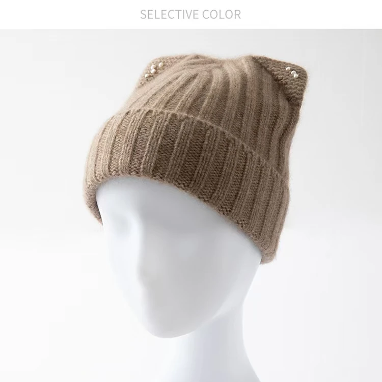 减龄猫耳朵~A类100%纯山羊绒帽子女秋冬新款厚保暖抽条护耳帽