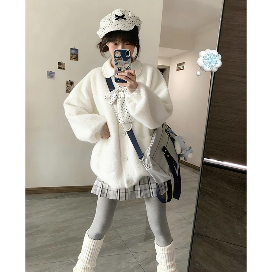 小月眠jk制服冬季毛绒开衫毛衣小个子穿搭软妹风针织衫上衣外套女