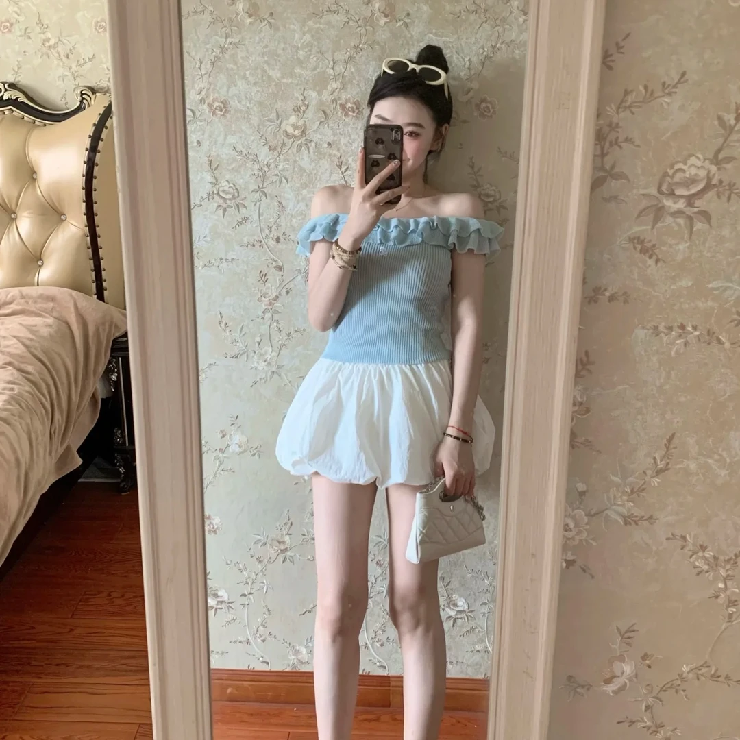 时尚套装显瘦小众气质辣妹风上衣泡泡袖方领短裤裙通勤气质高腰