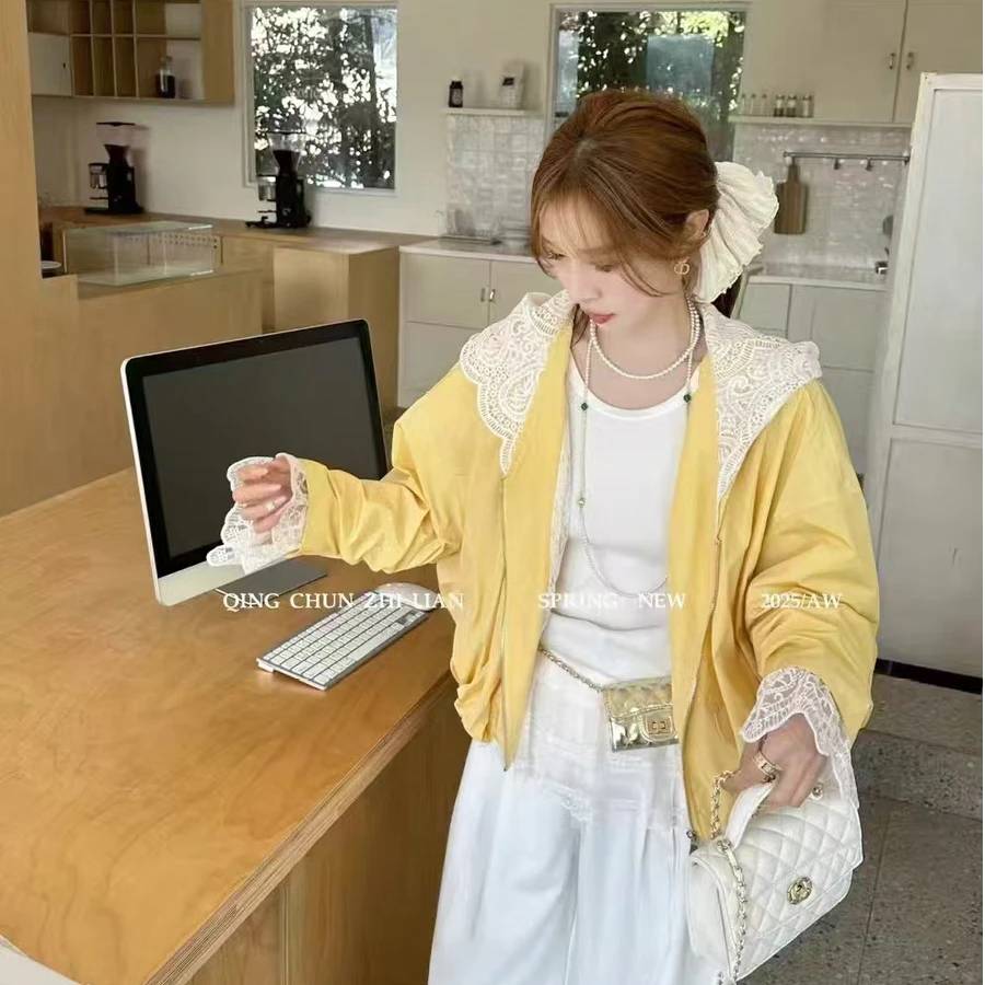 蕾丝拼接连帽短外套女欧洲站2025年春季新款时尚百搭显瘦防晒上衣