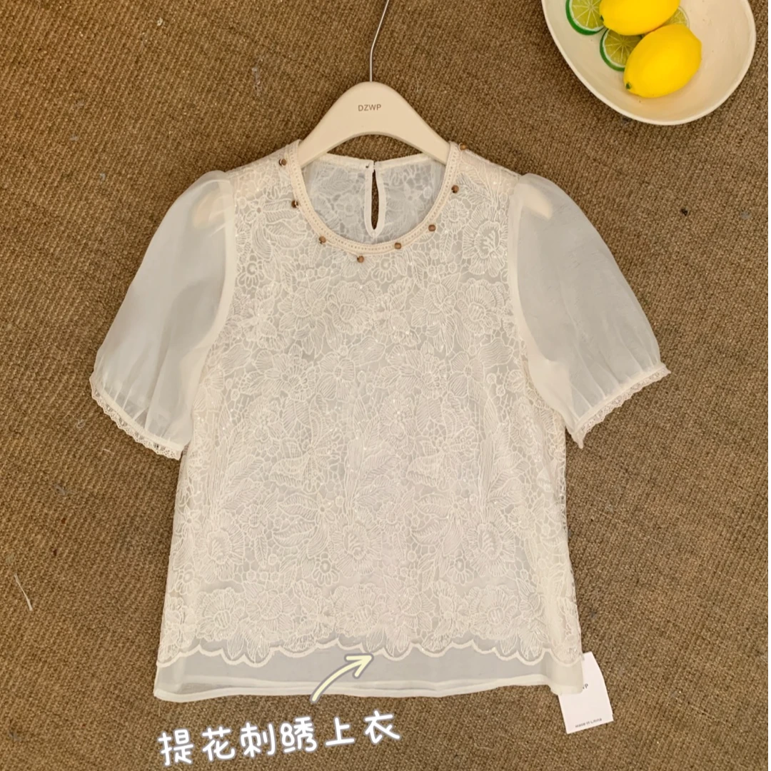 89516宽松型钉珠圆领蕾丝衬衫拼接提花莫奈花园风刺绣上衣