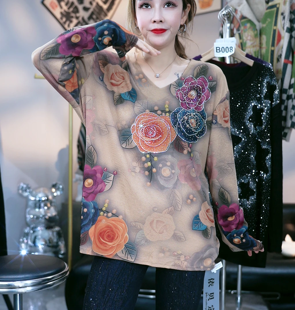 富贵花开-时尚欧货烫钻爆款V领长袖主播推荐款长袖针织衫6666666