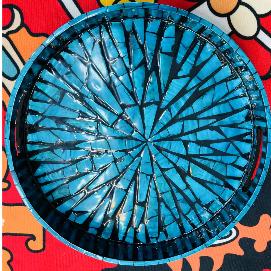 BK134螺钿镶嵌一抹深蓝零食水果托盘全彩贝壳圆形果盘