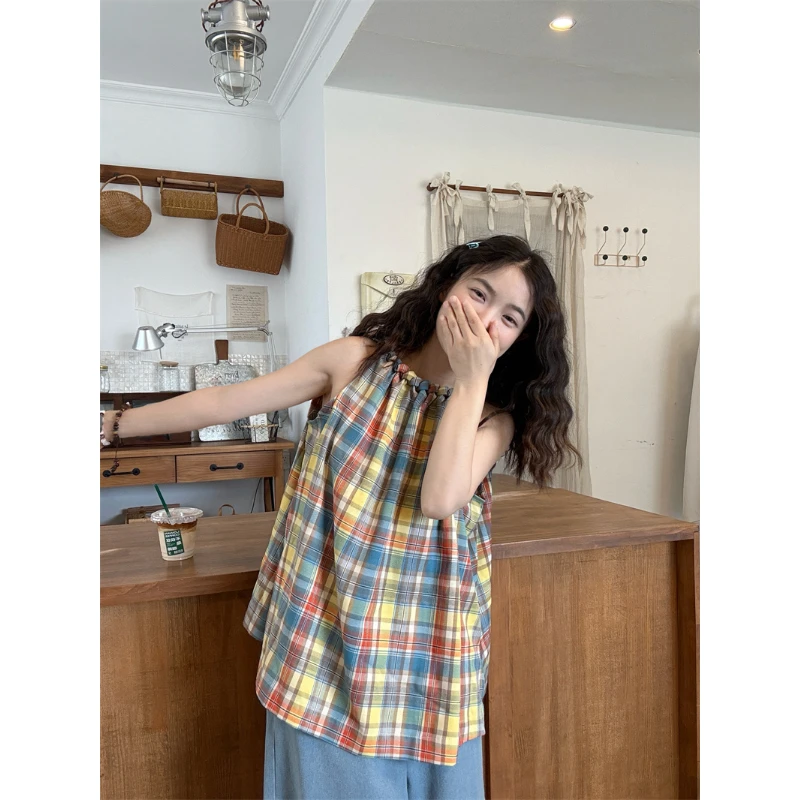 绝美风多巴胺彩色格子挂脖背心吊带女夏季韩系甜美宽松设计感上衣